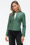 Snobbish Faux Leather Zip Up Drawstring Hooded Jacket 