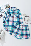 Plaid Snap Down Long Sleeve Top and Shorts Lounge Set Lingerie & Nightwear
