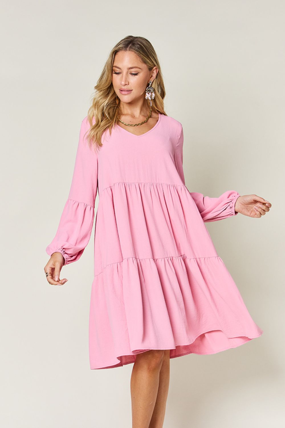 Double Take Full Size V-Neck Balloon Sleeve Tiered Dress with Pockets 