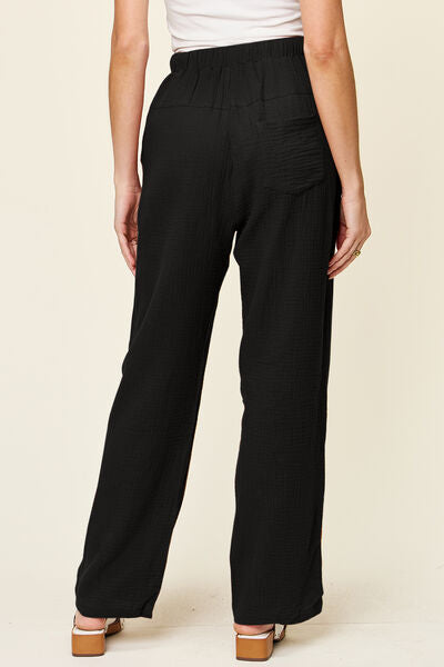 Double Take Full Size Texture Drawstring Straight Pants 