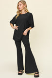 Double Take Full Size Round Neck Drop Shoulder T-Shirt and Flare Pants Set 