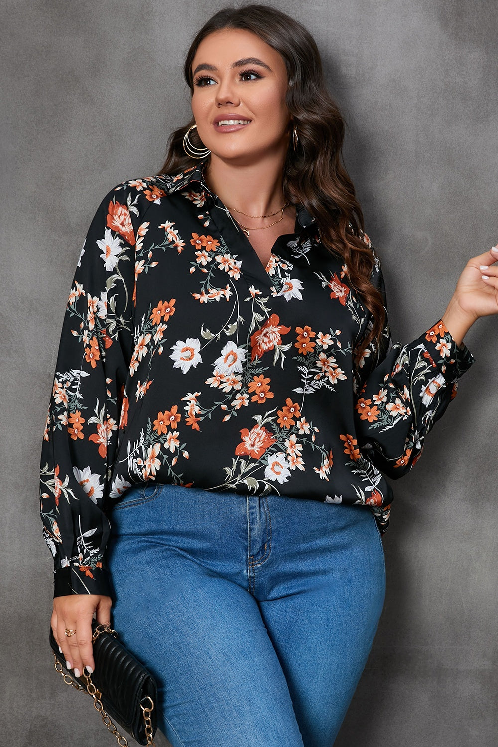 Plus Size Printed Johnny Collar Long Sleeve Blouse 