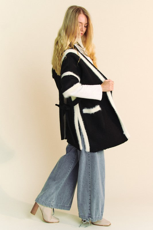 Davi & Dani Fuzzy Trim Open Front Loose Fit Cardigan 