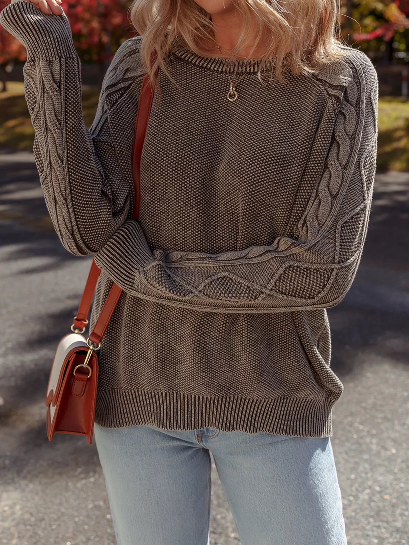 Contrast Cable Knit Sleeve Casual Sweater 
