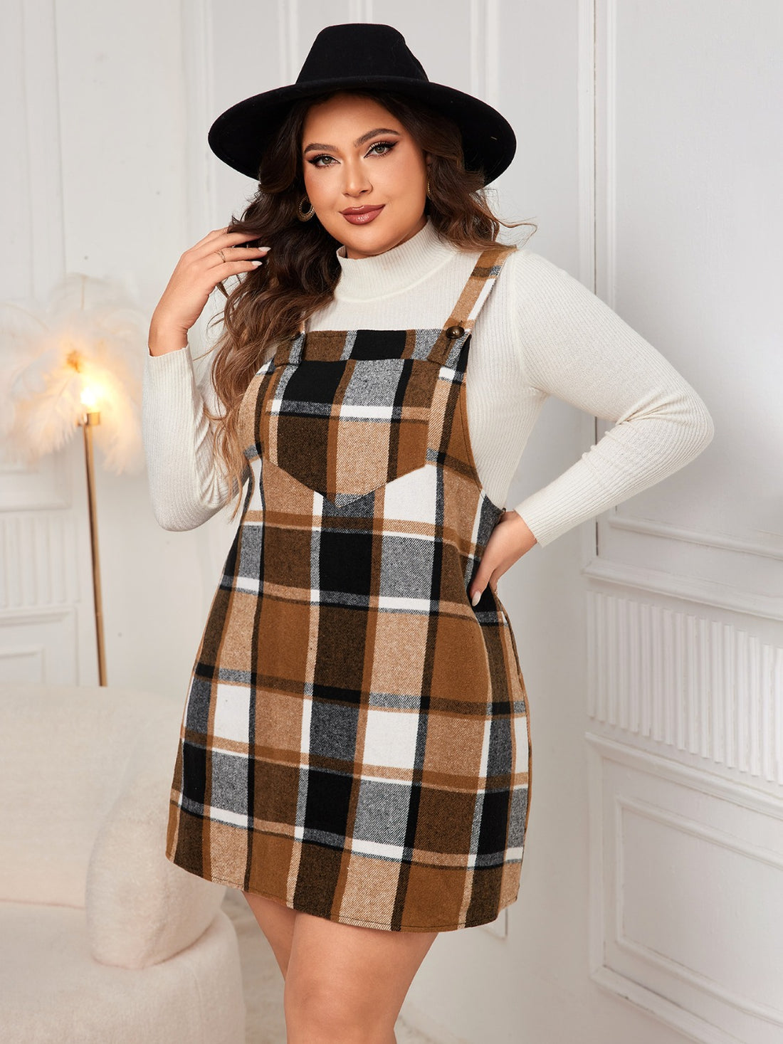 Honey Plus Size Plaid Wide Strap Overall Dress 