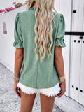 Devine Eyelet Mock Neck Flounce Sleeve Blouse 