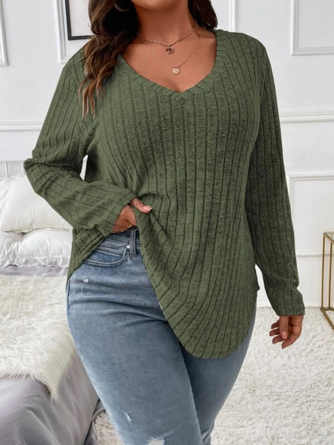 Plus Size V-Neck Long Sleeve T-Shirt 