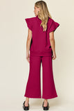 Double Take Texture Ruffle Short Sleeve Top and Drawstring Wide Leg Pants Set 