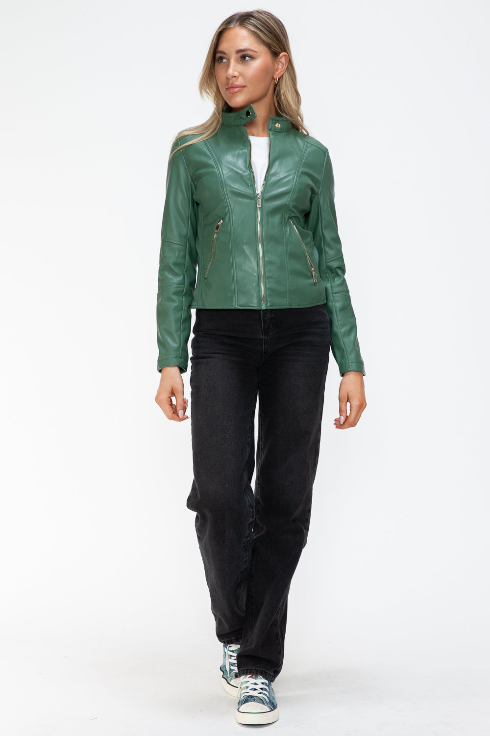 Snobbish Faux Leather Zip Up Drawstring Hooded Jacket 