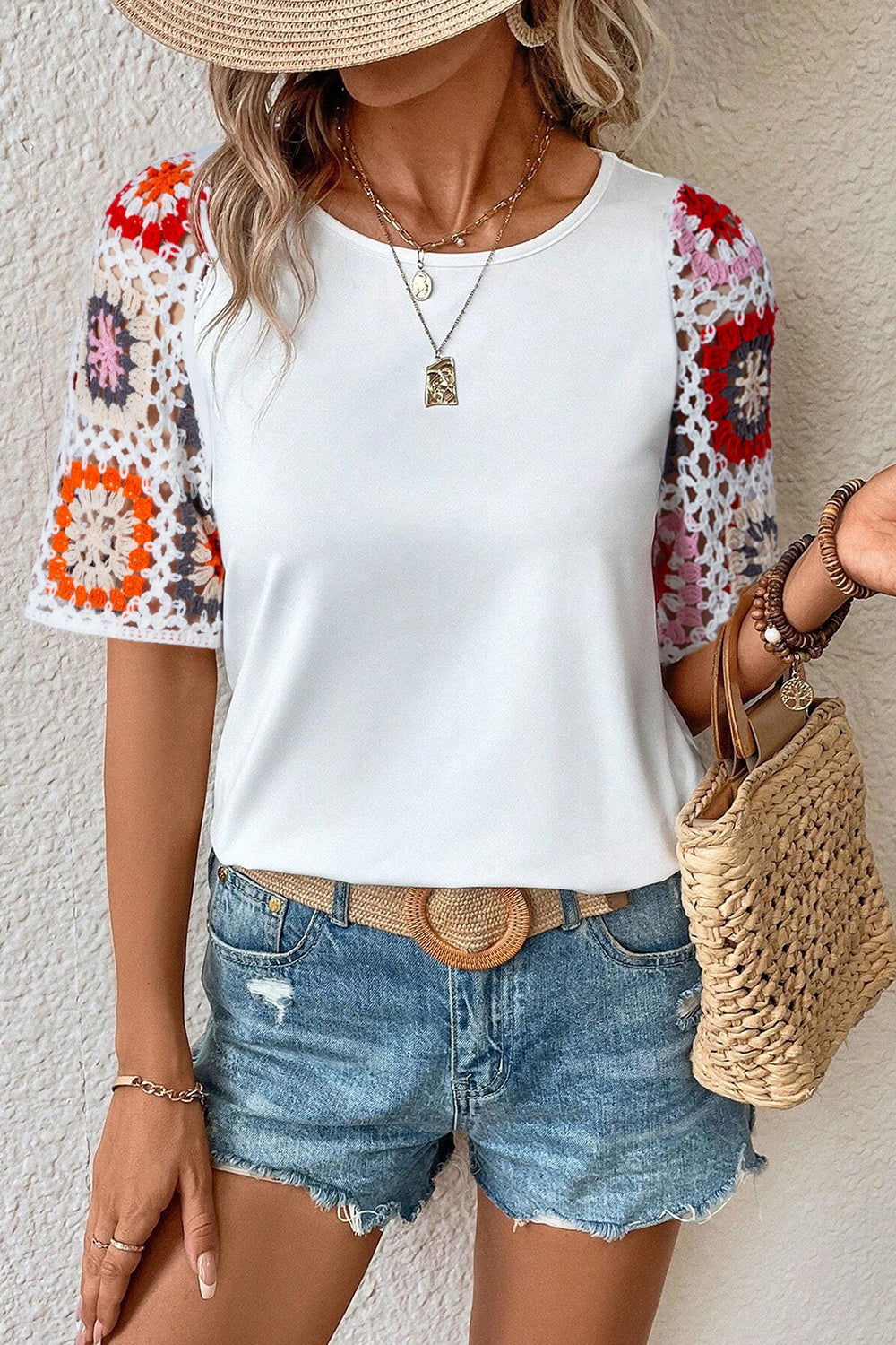 Geometric Round Neck Short Sleeve Blouse 