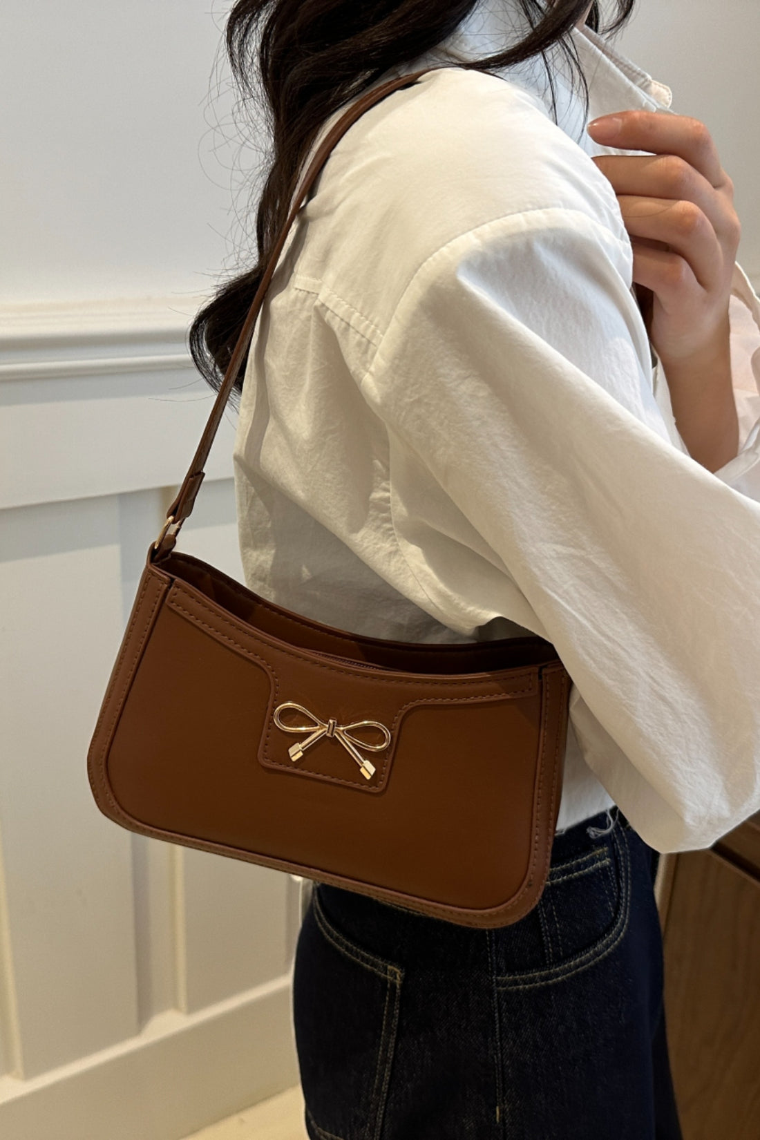 Bow Trim PU Leather Shoulder Bag 