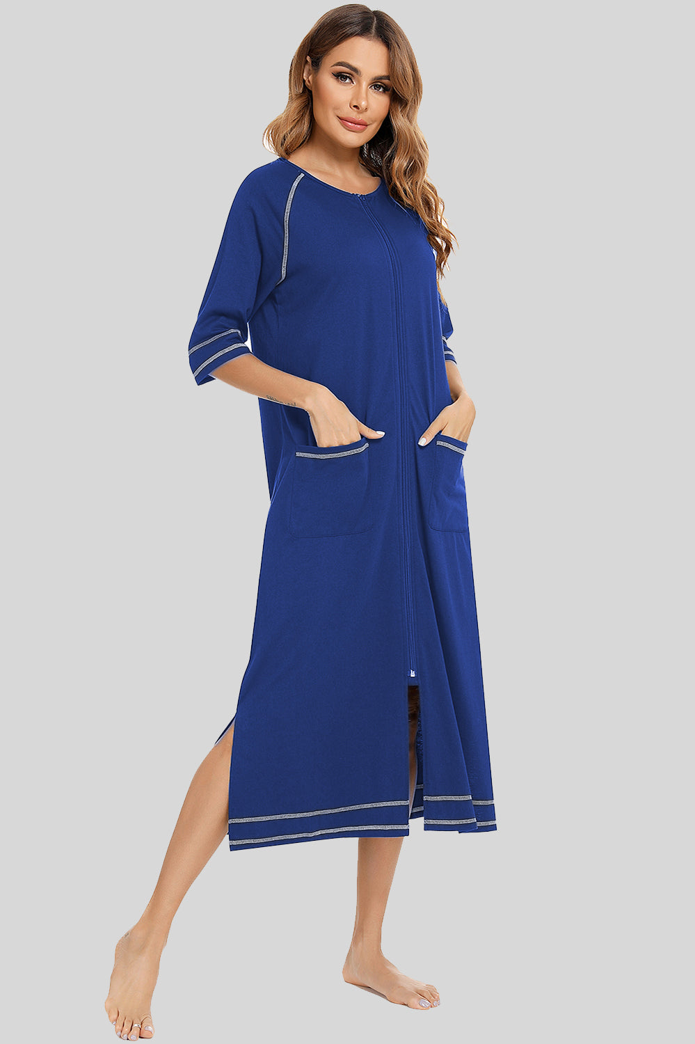 Zip Up Slit Round Neck Night Dress with Pockets 