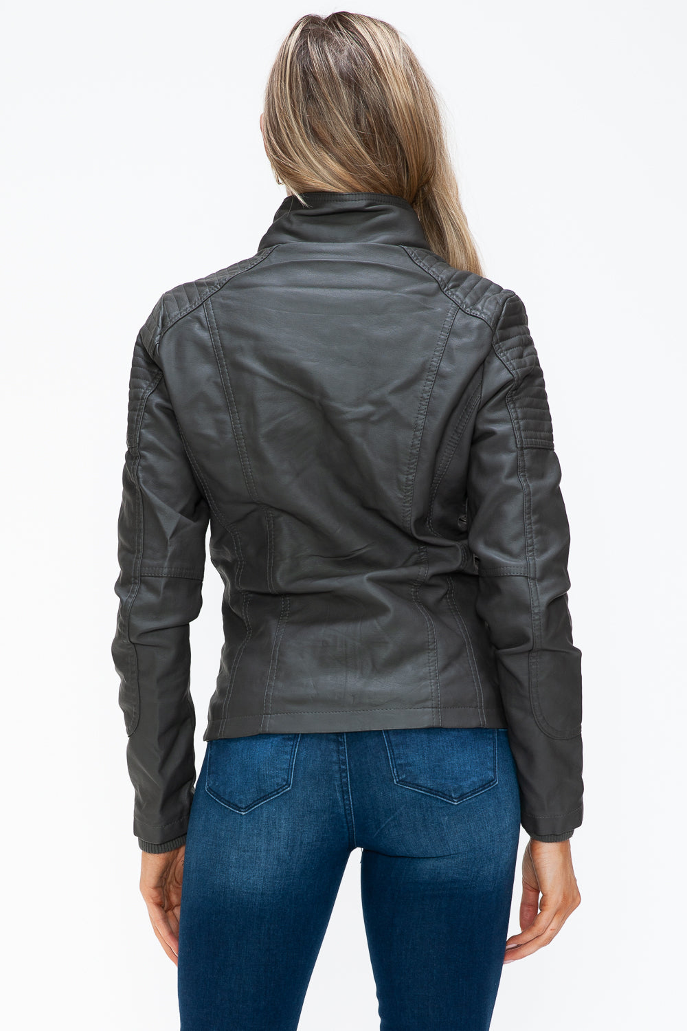 YMI Removable Faux Layered Multi-Pocket Jacket with Fuzzy Hood 