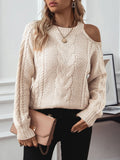 Cable Knit Round Neck Cold Shoulder Sweater 