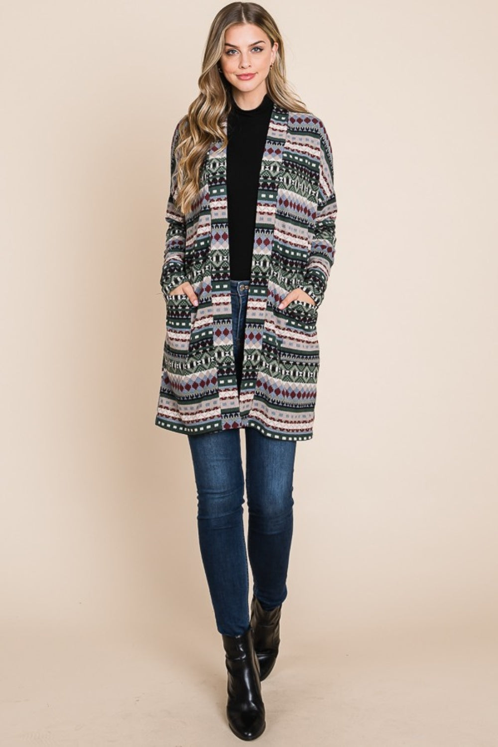 BOMBOM Geometric Open Front Long Sleeve Cardigan with Pockets 