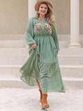 Plus Size Tassel Printed Tie Neck Long Sleeve Midi Dress 