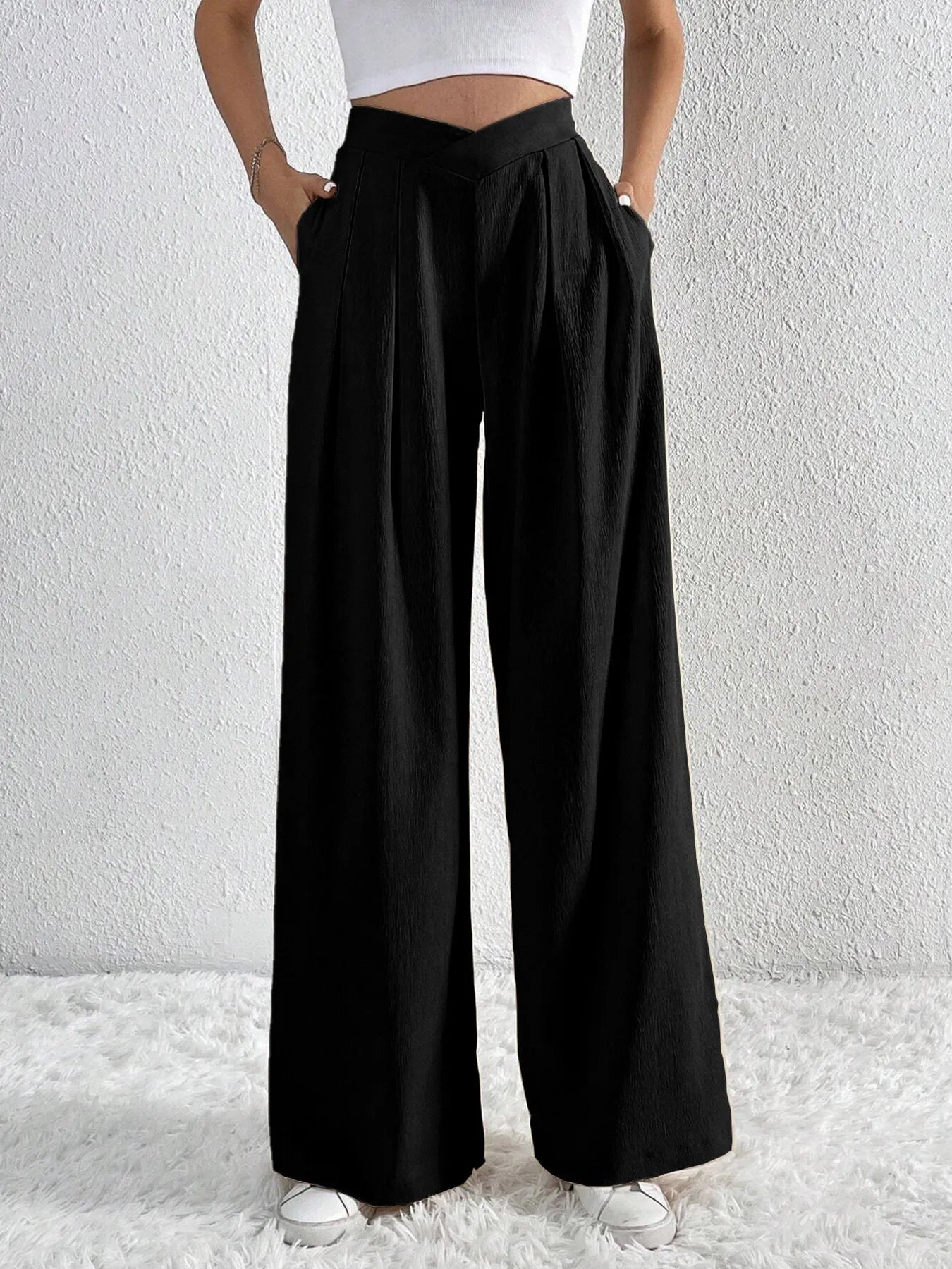 V-Waisted Ruched Front Wide Leg Pants 