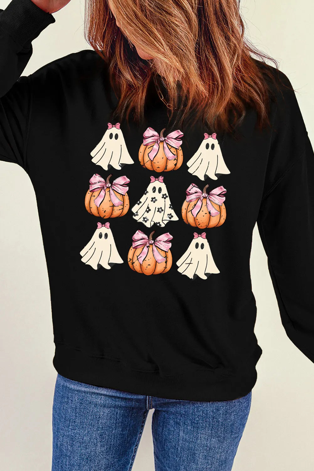 Pumpkin & Ghost Round Neck Long Sleeve Sweatshirt 