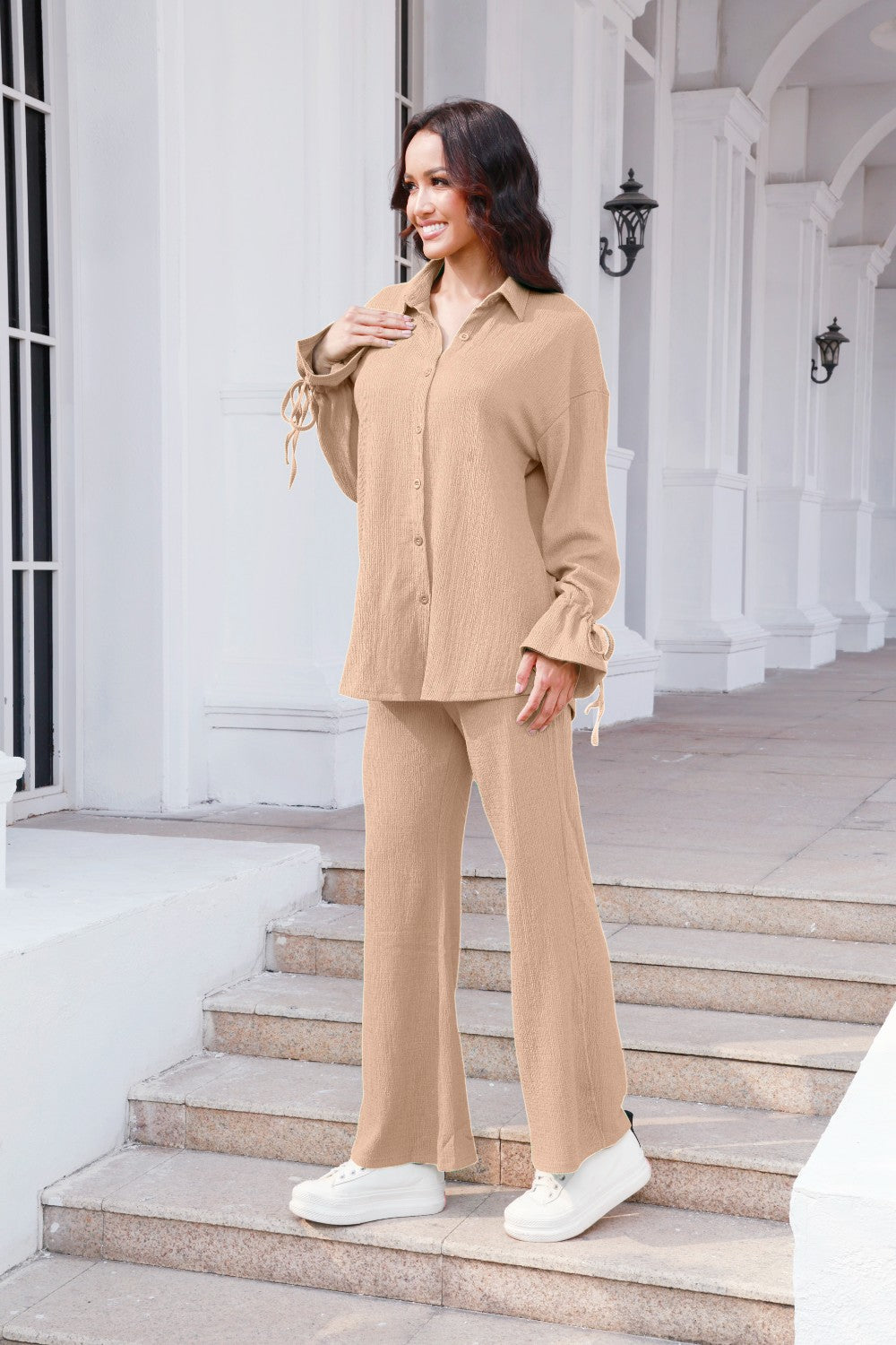 Drawstring Flounce Sleeve Shirt and Pants Set 
