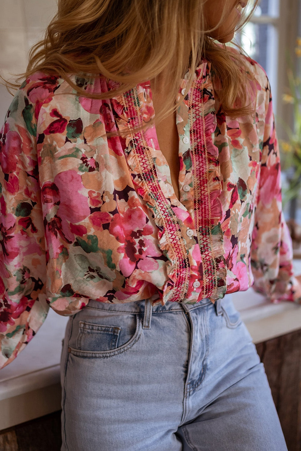 Frill Floral Button Down Long Sleeve Shirt 