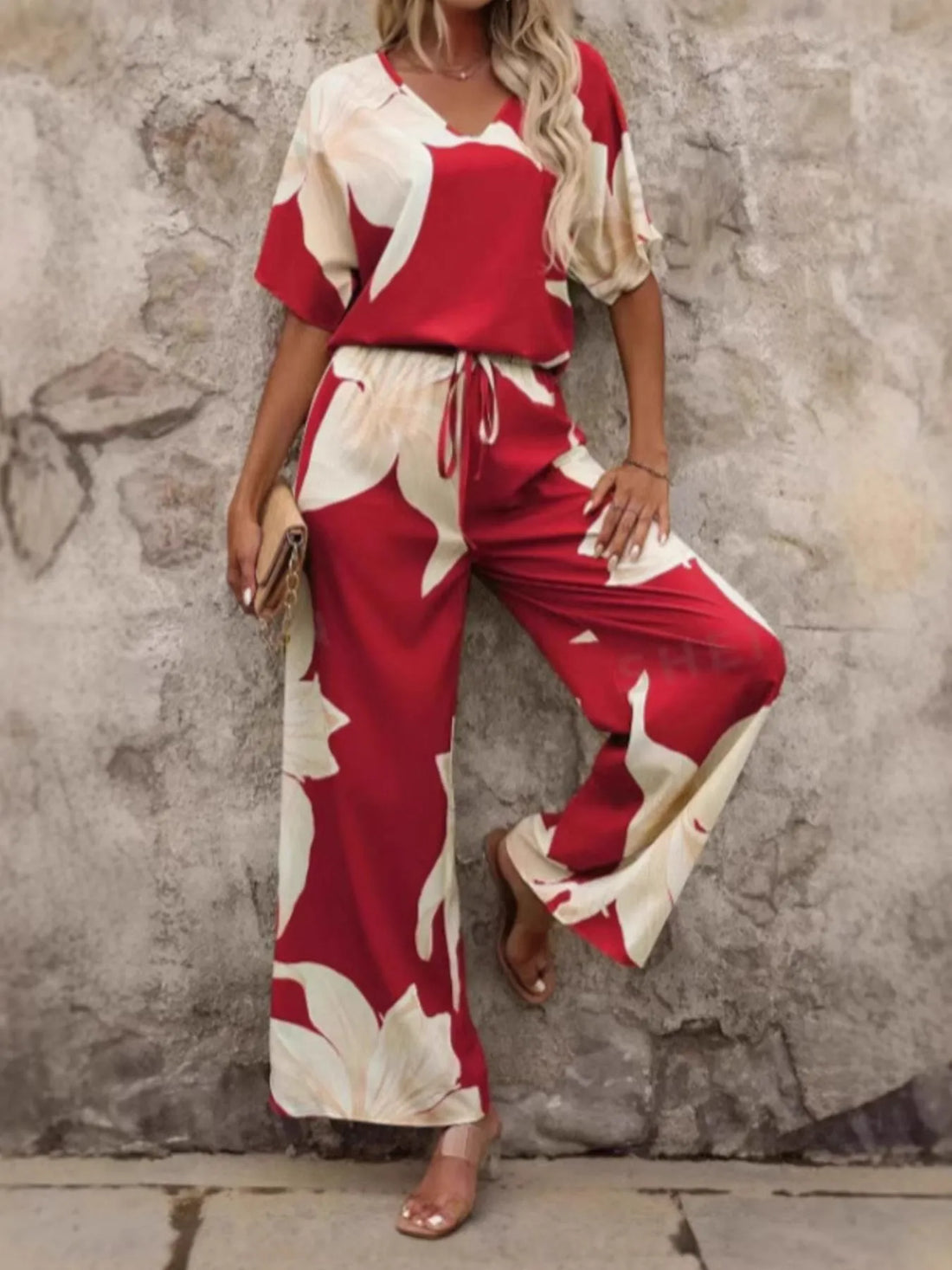 Printed V-Neck Top and Pants Set Two Piece Dresses
