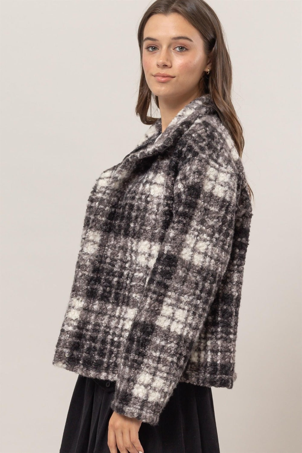 HYFVE Plaid Collared Neck Boucle Jacket with Pockets 