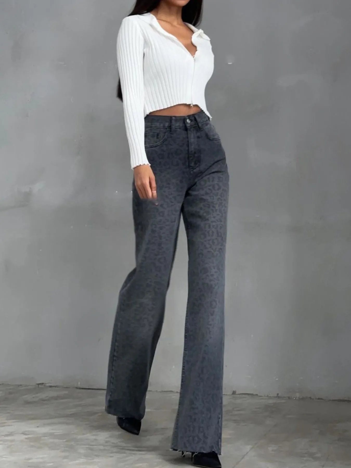 High-Waisted Leopard Print Flare Jeans 