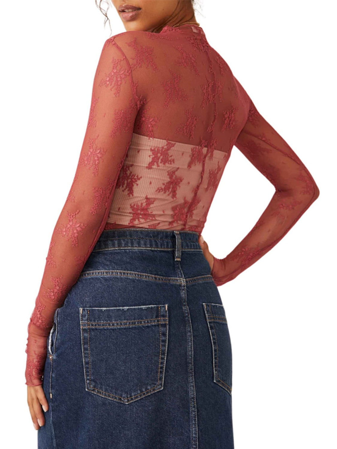 Lace Mock Neck Long Sleeve Blouse 