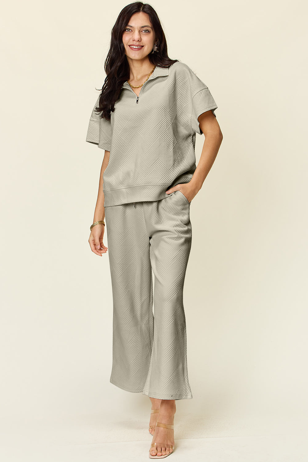 Double Take Full Size Texture Half Zip Short Sleeve Top and Pants Set 