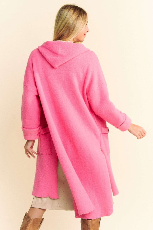 Davi & Dani Side Slit Button Up Hooded Cardigan 