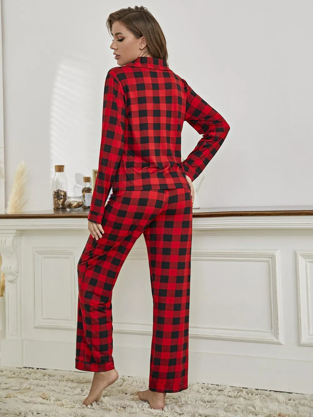 Plaid Collared Neck Long Sleeve Top and Pants Lounge Set Lingerie & Nightwear