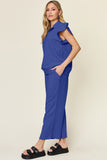Double Take Texture Ruffle Short Sleeve Top and Drawstring Wide Leg Pants Set 