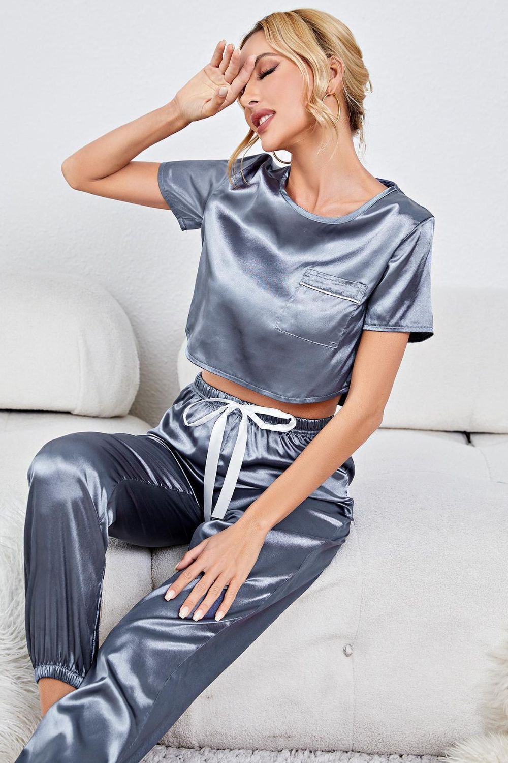 Satin Short Sleeve Crop Top and Joggers Lounge Set Lingerie & Nightwear