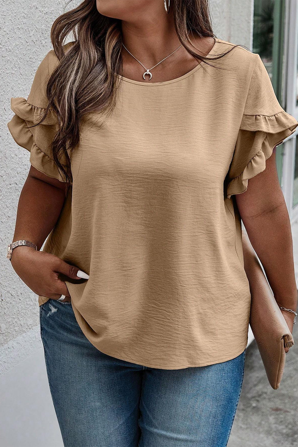 Plus Size Ruffled Petal Sleeve Round Neck T-Shirt 