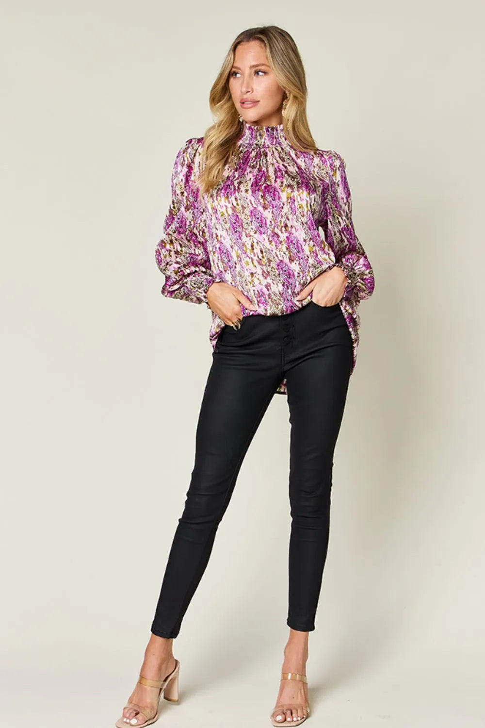 Double Take Full Size Printed Smocked Long Sleeve Blouse 