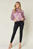 Double Take Full Size Printed Smocked Long Sleeve Blouse 