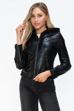 Snobbish Faux Leather Zip Up Drawstring Hooded Jacket 