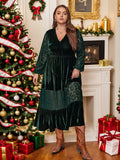 Plus Size Lace Patchwork V-Neck Balloon Sleeve Midi Dress 