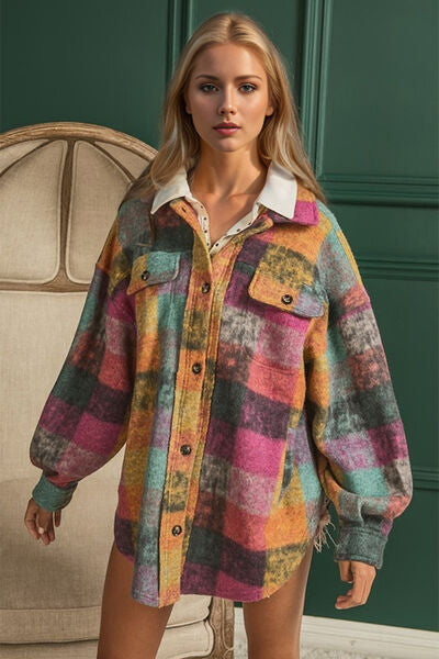 Double Take Full Size Button Up Plaid Fleece Shacket with Pockets 