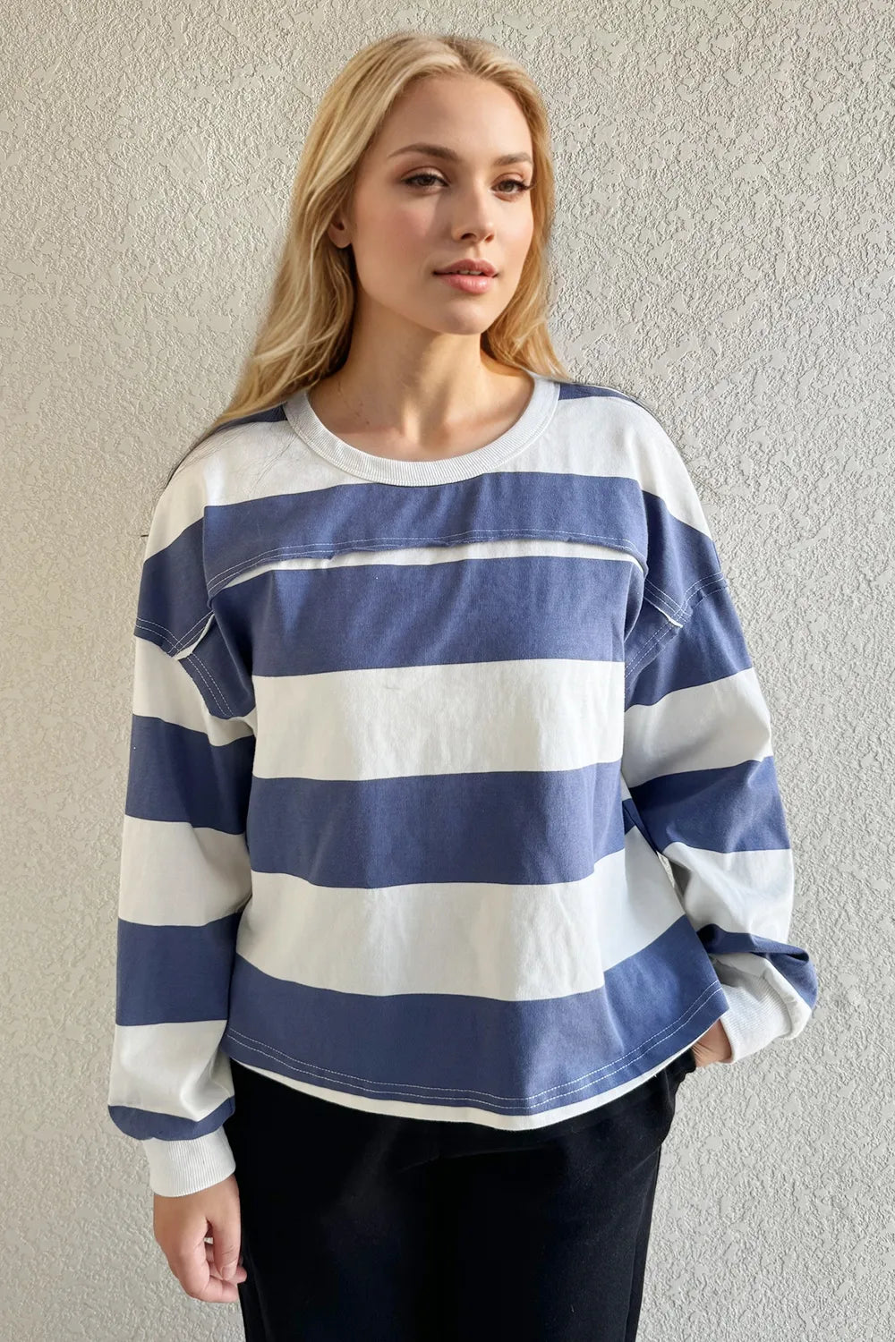 Oh Pima Cotton Wash Exposed Seam Contrast Striped Round Neck Long Sleeve T-Shirt 