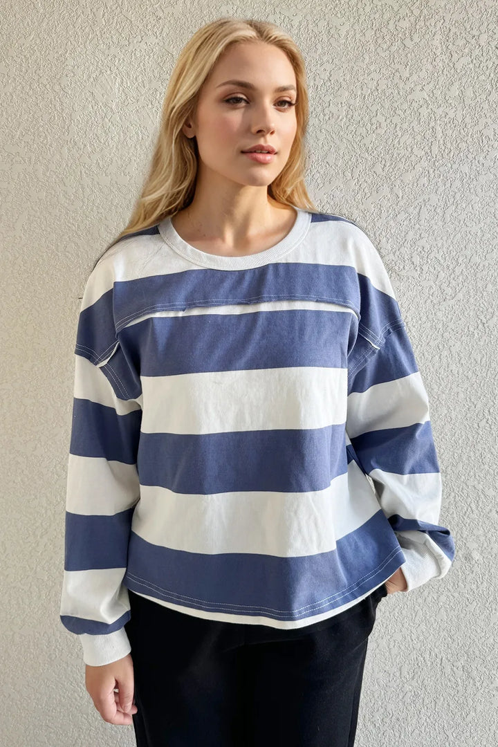 Oh Pima Cotton Wash Exposed Seam Contrast Striped Round Neck Long Sleeve T-Shirt 