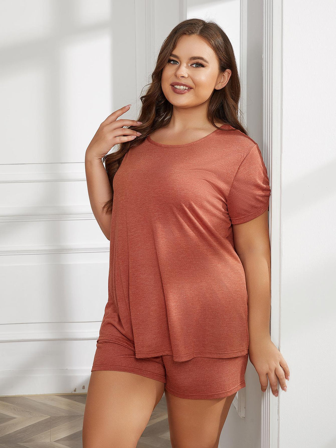 Plus Size Round Neck Short Sleeve Two-Piece Loungewear Set 