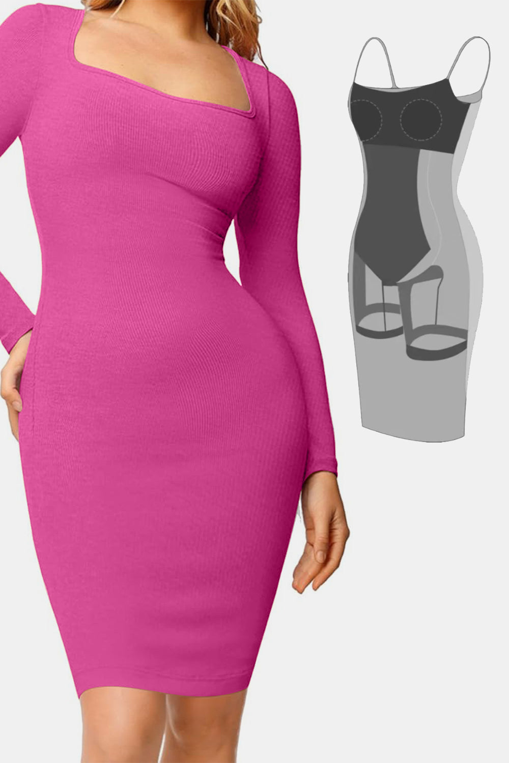 Basic Bae Full Size Built-In Shapewear Square Neck Long Sleeve Dress 