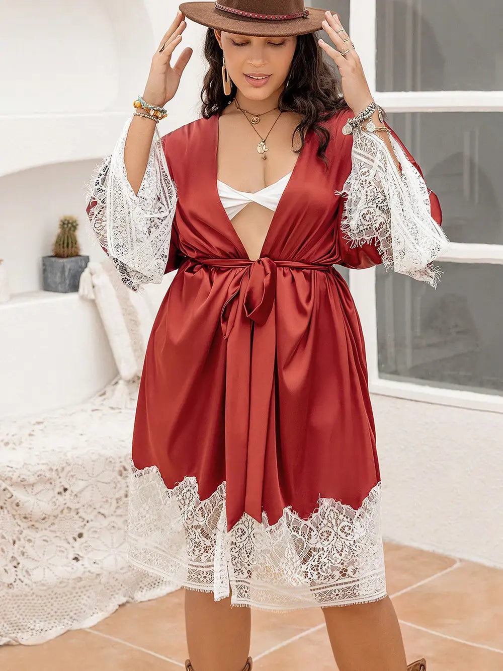 Plus Size Lace Patchwork Tie Front Robe Lingerie & Nightwear