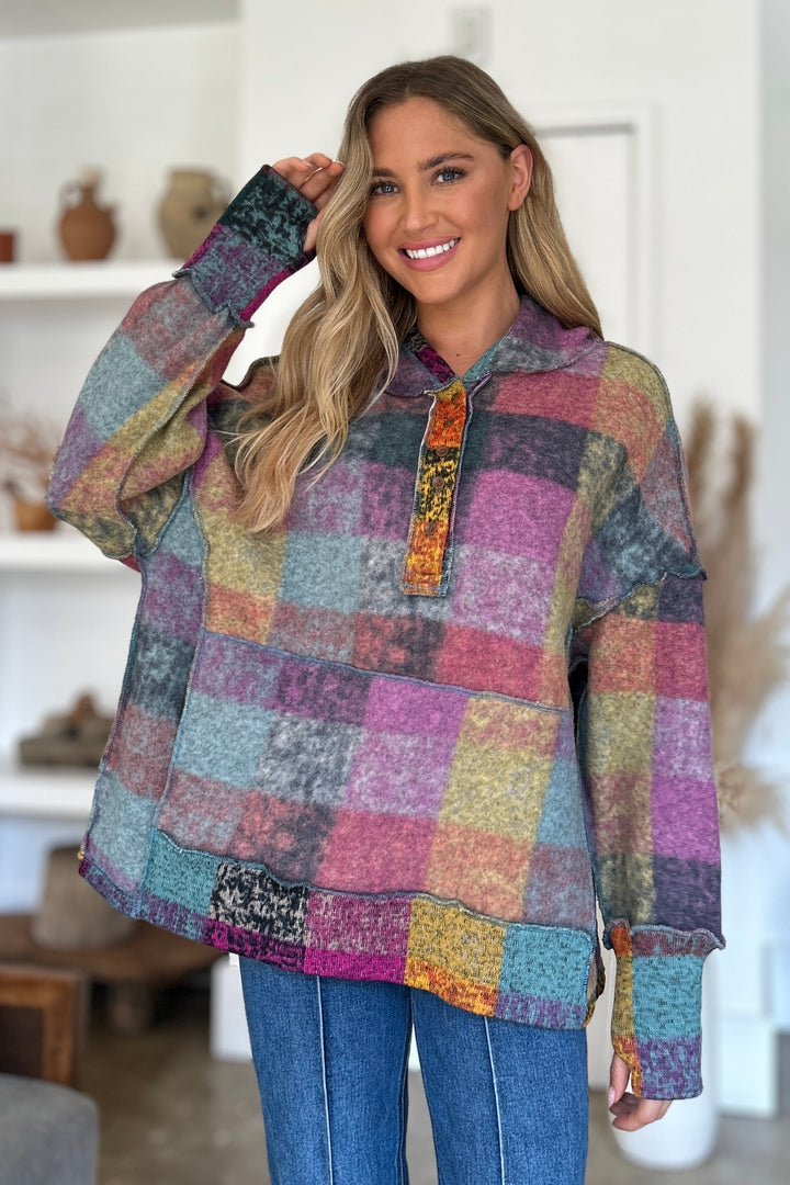 Double Take Full Size Plaid Dropped Shoulder Fleece Hoodie 