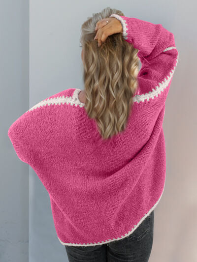 Double Take Contrast Open Front Dropped Shoulder Cardigan 