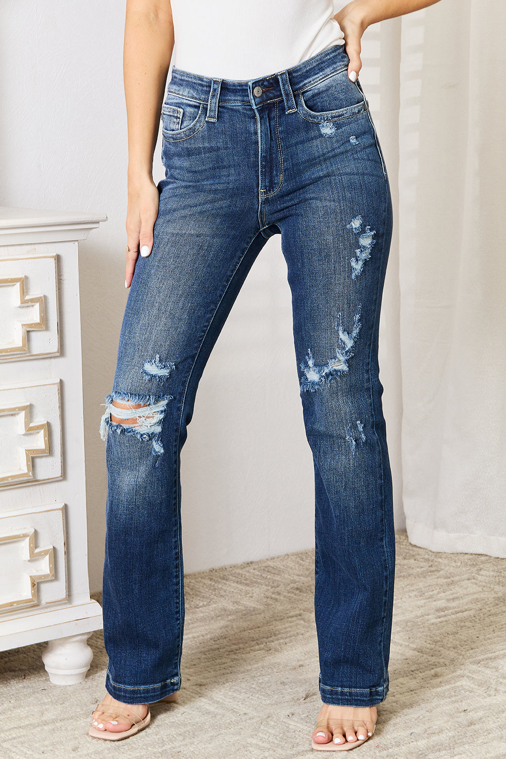Judy Blue Full Size Mid Rise Hand Sand & Destroy Bootcut Jeans 