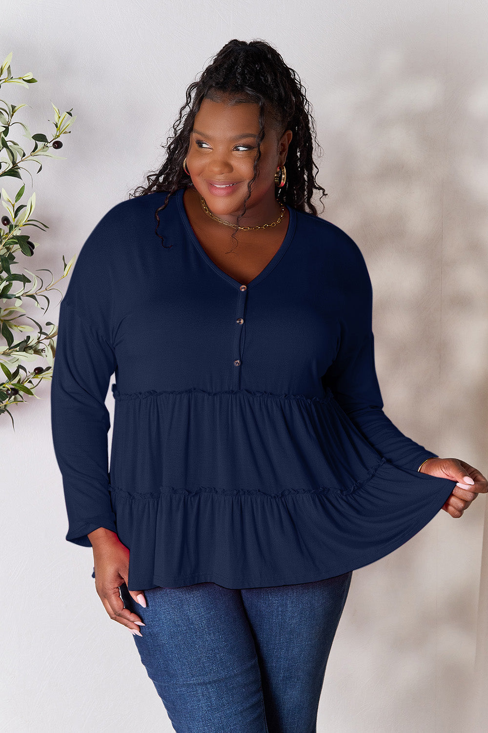 Double Take Half Button Long Sleeve Ruffle Hem Blouse 