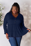 Double Take Half Button Long Sleeve Ruffle Hem Blouse 