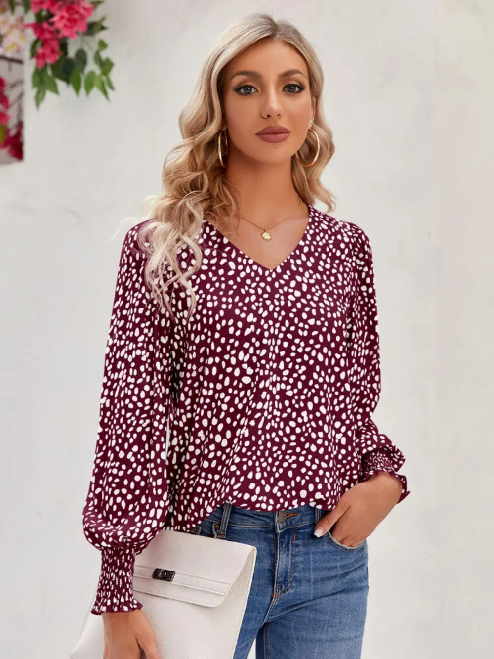 Printed V-Neck Lantern Sleeve Blouse 